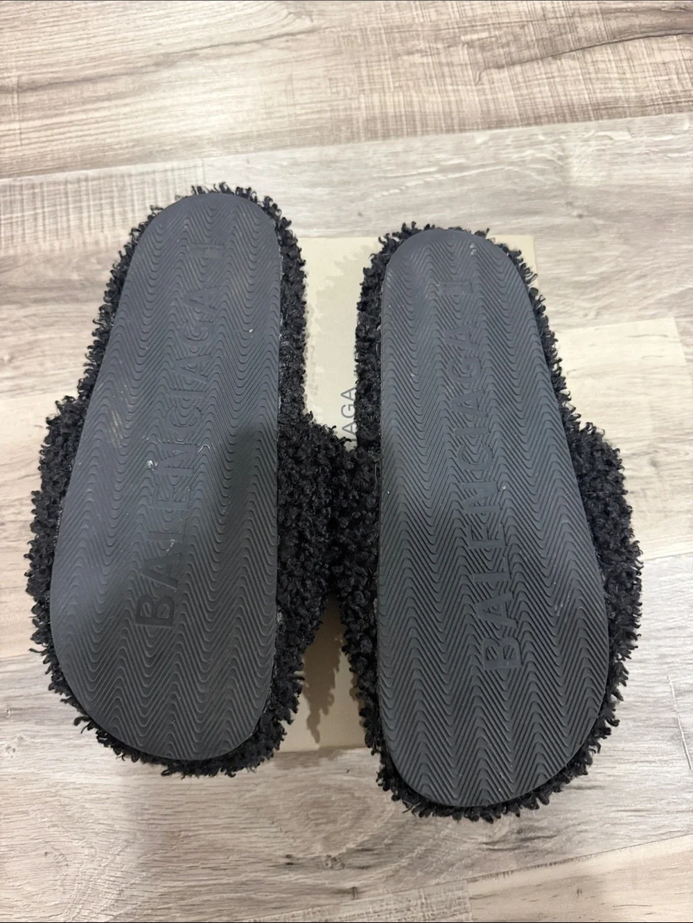 Balenciaga Black Fuzzy Logo Slide Sandals with Red & White Trim